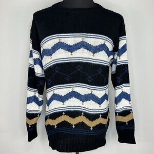Vintage Sweater Graphix Men XL Black White Knit Fair Isle Geometric Pullover 80s